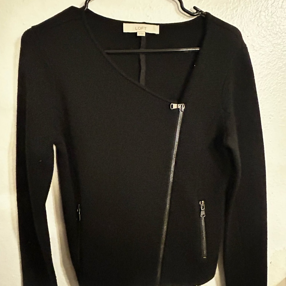 LOFT Black Knit Sweater with Asymmetrical Zip